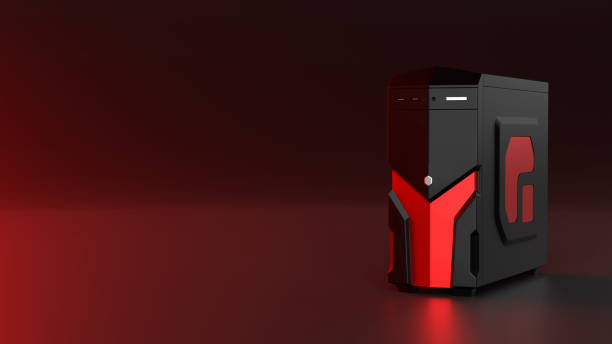 black and red computer case The black background had a red light shining on the side. and have space for placement.3D illustration.
