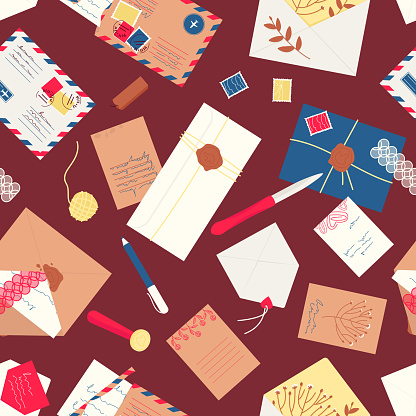 Seamless pattern of envelopes, letters, postcards, postage stamps on a dark background. Letters with love notes, dried plants sealed with a wax seal, came from afar. Flat vector illustration.