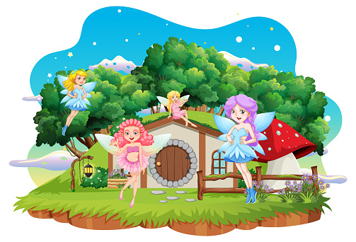 Fairies at hobbit house on white background illustration