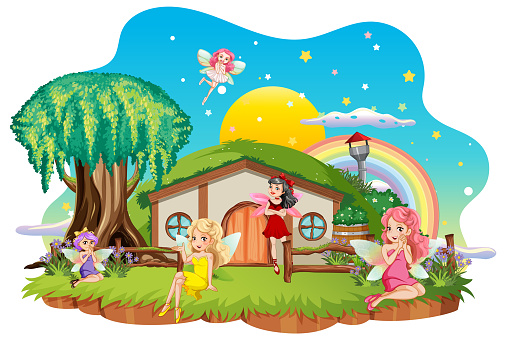 Fairies at hobbit house on white background illustration