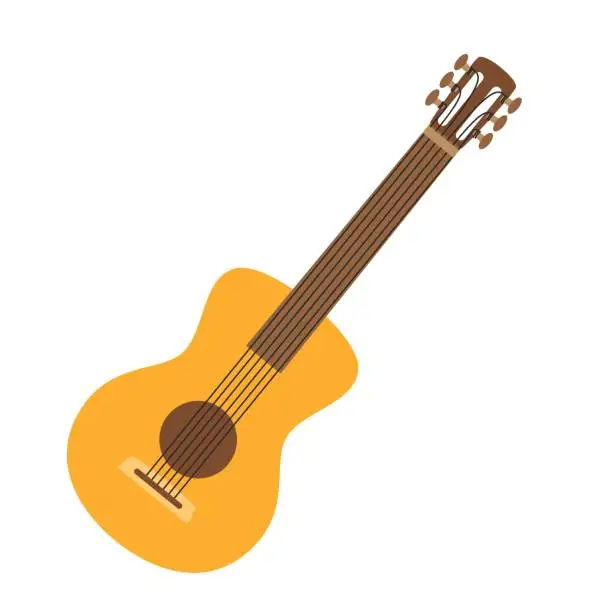 Vector illustration of Classic six-string guitar. A stringed musical instrument. A symbol of hiking, camping, traveling. Flat vector illustration isolated on a white background.