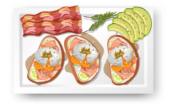 illustrations, cliparts, dessins animés et icônes de vue de dessus nourriture, œuf bénédictine et avocat sur fond blanc - oeuf poché
