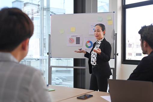 Mature businesswoman presenting business plan, strategy or new project results on flip chart at briefing.