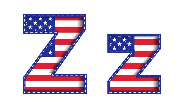 Vector illustration of Z Alphabet Capital Small Letter USA Independence Memorial Day United States of America Character Font Blue Navy Red Star Stripes  National Flag White Background 3D Paper Cutout  Vector Illustration