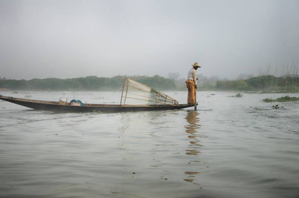 pescador local en el lago inle, myanmar - inle lake agriculture traditional culture farmer fotografías e imágenes de stock