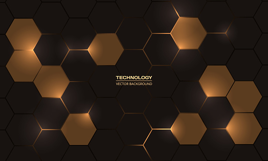 Dark gold and brown hexagonal technology vector abstract background. Dark gold bright energy flashes under hexagon in modern technology futuristic background honeycomb vector illustration.
