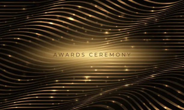 Vector illustration of Awards nomination ceremony gold wavy luxury background with glitter highlights.