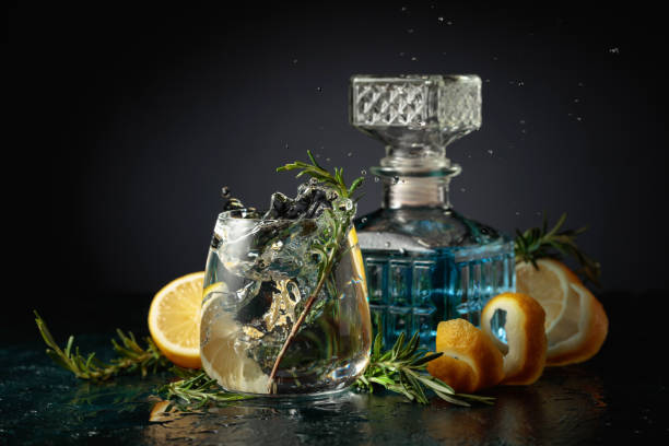 Gin tonic cocktail with lemon and rosemary. stock photo