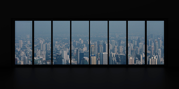 Empty black room with window over modern city tower, office building and skyscraper, 3D Rendering