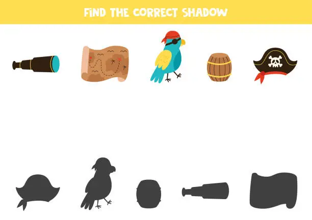 Vector illustration of Find the correct shadows of pirate elements. Logical puzzle for kids.