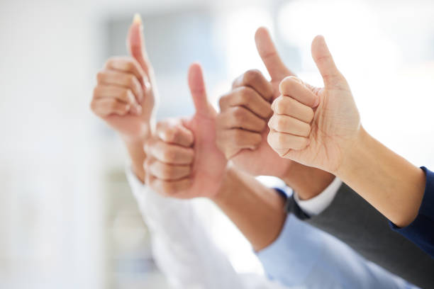 closeup of unknown group of diverse businesspeople showing thumbs up sign and symbol in interview. applicant team celebrating success. candidates selected for job opening, vacancy, office opportunity - boa imagens e fotografias de stock