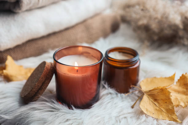 istock Candles and autumn leaves. Autumn mood. 1403411214
