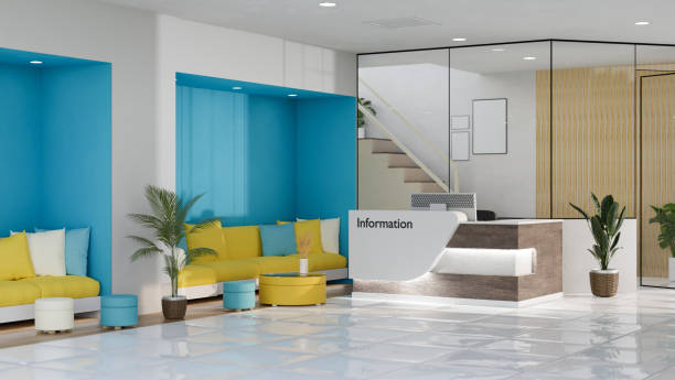 Modern trendy health care centre or medical clinic lobby and waiting room interior background Modern trendy health care centre or medical clinic lobby and waiting room interior design with information counter, comfy sofa, coffee table and indoor plants. 3d rendering, 3d illustration luxury reception desk stock pictures, royalty-free photos & images