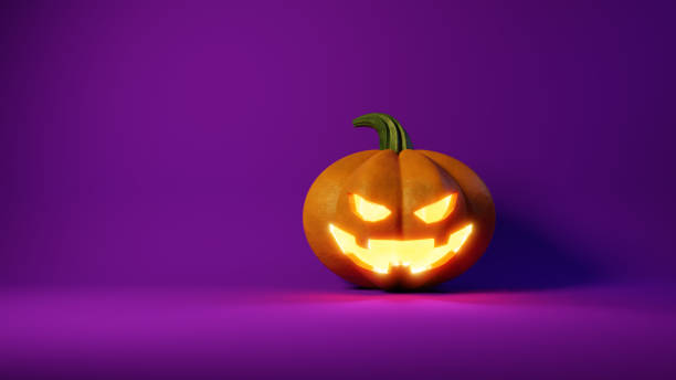 istock Background image of Jack O Lantern for Halloween. Purple background.3D Rendering. 1403412402