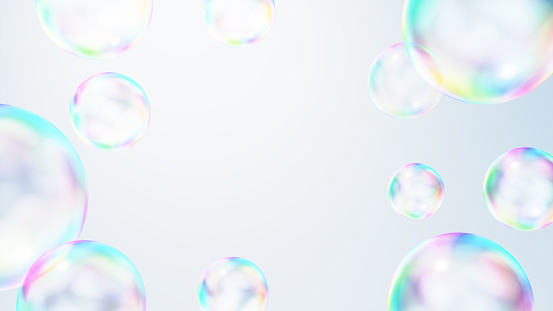 Background image with multiple soap bubbles on a white background.3D Rendering.