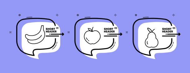 istock Fruits set icon. Banana, apple, pear, ripe, sweet, delicious, vitamins. Proper nutrition concept. Infographic timeline with icons and 3 steps. Vector line icon for Business and Advertising 1403413212