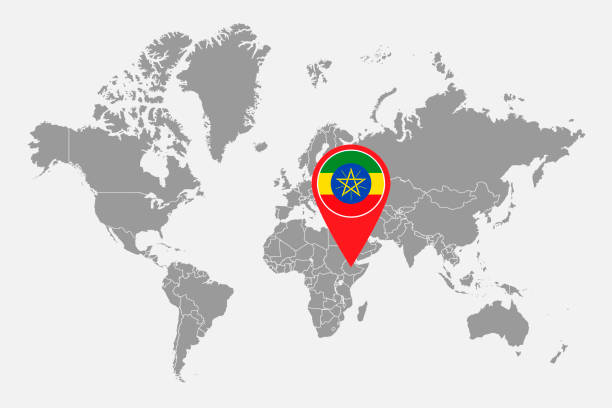 世界地図にエチオピアの旗で地図を固定します。ベクターイラストレーション。 - silhouette ethiopia map cartography点のイラスト素材／クリップアート素材／マンガ素材／アイコン素材