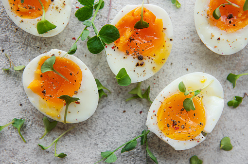 Boiled eggs and spices on grey concrete background, flat lay.