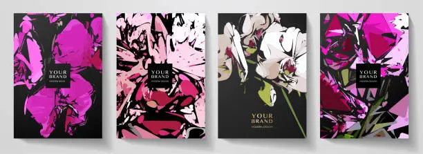 Vector illustration of Floral cover design set with abstract orchid flower on black background