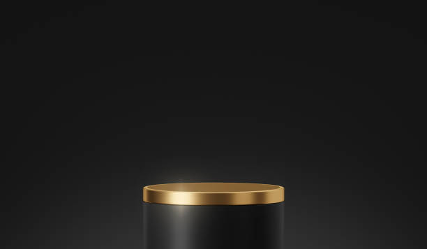 Empty black gold 3d podium stage background with geometric presentation platform luxury pedestal or golden product stand display and premium round cosmetic mockup advertising scene on dark backdrop.
