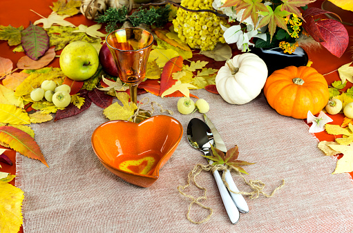 The serving table autumn leaves for holidays and Halloween