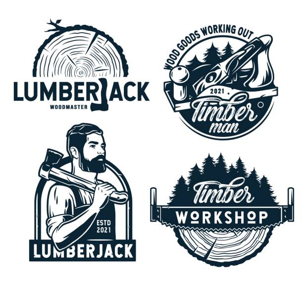 ilustraciones, imágenes clip art, dibujos animados e iconos de stock de logotipos de leñadores para estudio de talla de madera - leñador