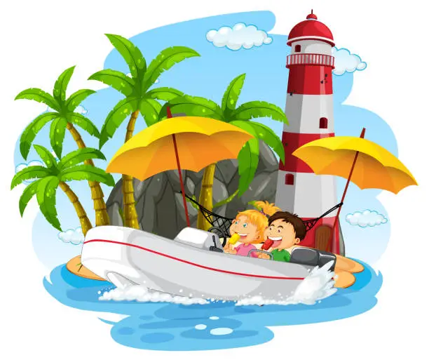 Vector illustration of Lighthouse on the island with children on motorboat