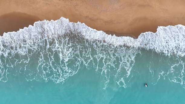 istock Beach sand copy space Beautiful sea waves in Summer tropical background,Top view 1403422794