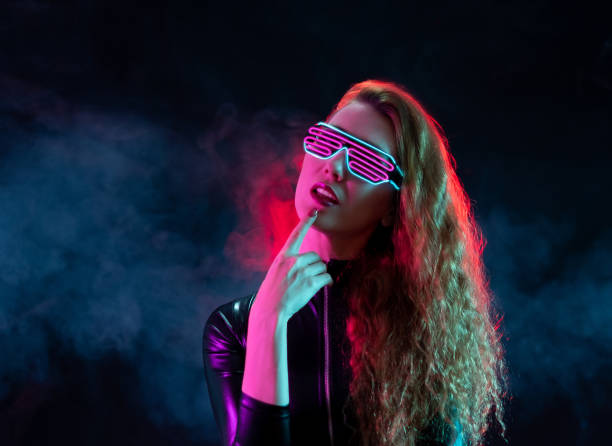 istock Futuristic woman with neon light glasses. 1403423552