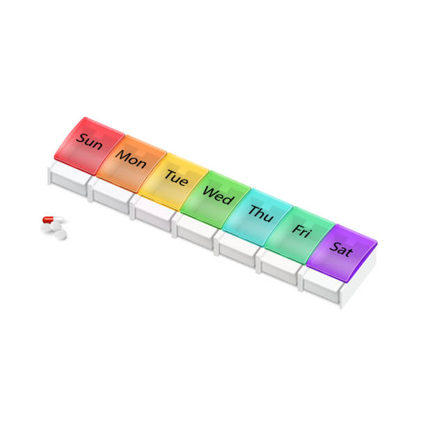 Pill Organizer Illustration of Plastic Pharmacy Organizer for Pills for Each Day of the Week on White Background. A Weekly Medicine Dispenser pill organizer stock illustrations