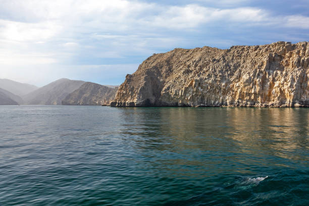 oman fjords sea landscape view with dolphin, khasab. - oman beach nature stone imagens e fotografias de stock