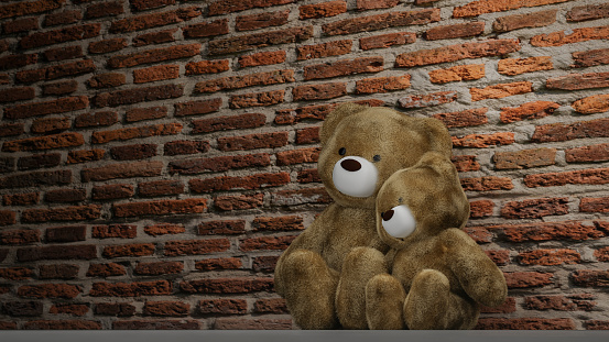 Couple brown teddy bears sitting near brick wall, 3d rendering