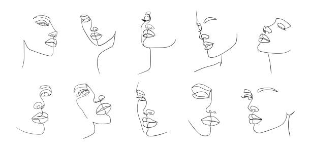 ilustrações de stock, clip art, desenhos animados e ícones de set of portraits. continuous line, minimalist vector illustration of beautiful woman face. for t-shirt, slogan design print graphics style. - women human face sensuality human eye