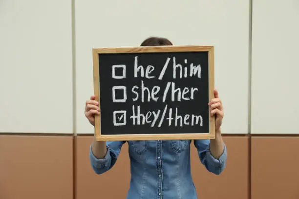 Photo of Woman holding chalkboard with list of gender pronouns near color wall