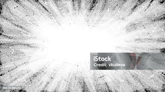 istock Halftone radial texture. Comic style grain background. Pop art faded textured frame. Grunge speckle effect. Dotted particles print wallpaper. Pixelated gradient vector backdrop 1403426425