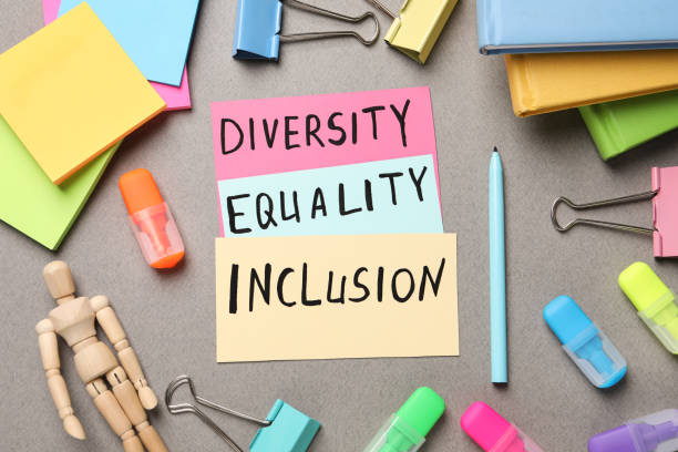 istock Words Diversity Equality Inclusion and stationery on grey background, flat lay 1403426719