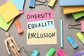 Words Diversity Equality Inclusion and stationery on grey background, flat lay