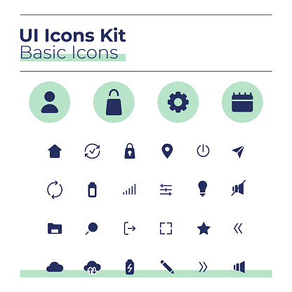 Basic UI icons kit. Settings glyph vector symbols set. Upload file to cloud with wi fi. Option mobile app buttons in green circles pack. Web design elements collection