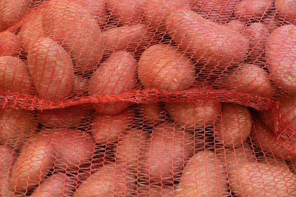 patatas rojas en sacos de red de arpillera roja en el palet en el mercado. alimentos crudos de fondo - red potato raw potato market red fotografías e imágenes de stock