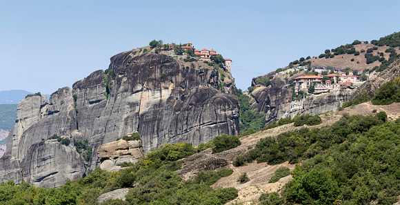 The cliffs (which are more than 60 million years old) on which the monasteries are located and the view of the Thessaly plain (Thessaly, Greece,Trikala). Center for Orthodox Monasticism in Greece.
