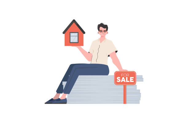 istock A man sits on a stack of documents and holds a house in his hands. Real estate sale concept. Isolated. Vector illustration. 1403432625
