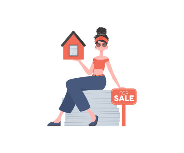 istock The girl sits on a stack of documents and holds the house in her hands. Selling a house or real estate. Isolated. Vector illustration. 1403432642