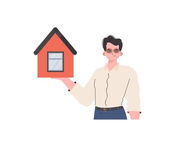 ilustrações, clipart, desenhos animados e ícones de o homem é retratado na cintura segurando uma casa em suas mãos. conceito de venda de imóveis. isolado. ilustração vetorial. - real people illustrations