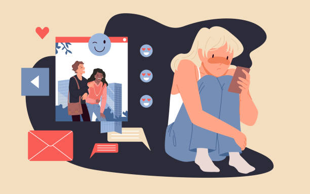 smutna dziewczyna z depresją patrząca na prawdziwe zabawne życie przyjaciół na ekranie telefonu komórkowego - real people illustrations stock illustrations