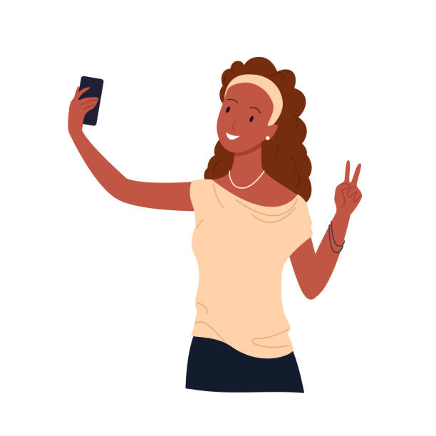 selfie-foto von mädchen mit süßem gesicht, junge glückliche studentin in freizeitkleidung mit telefon - selfie stock-grafiken, -clipart, -cartoons und -symbole