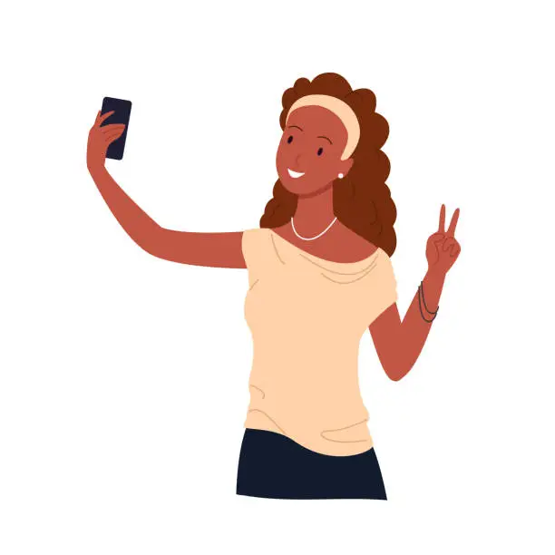 Vector illustration of Selfie photo of girl with cute face, young happy student in casual clothes holding phone