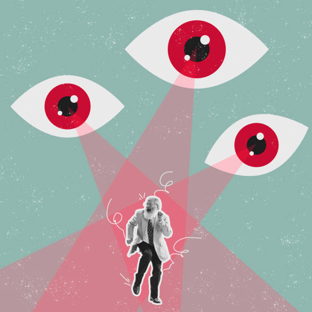 istock Contemporary art collage. Conceptual image with senior man standing under three giant eyes looking and making influence 1403434095