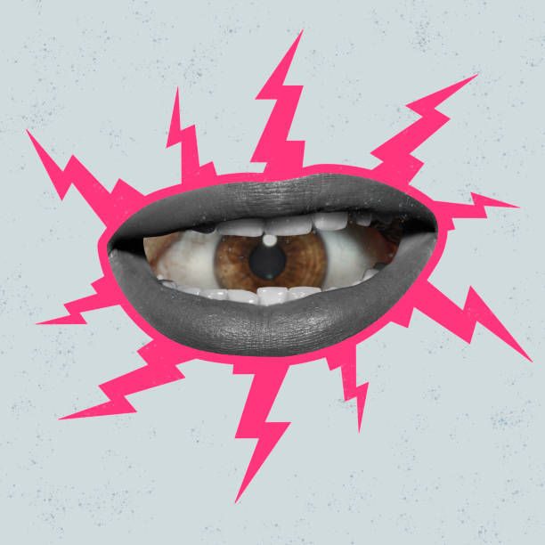 istock Contemporary art collage. Conceptual image with eye inside human mouth. Control of speech, influence, fakes 1403434103