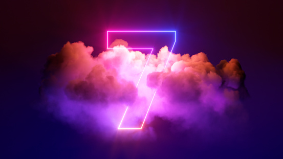 3d render, neon linear number seven and colorful cloud glowing with pink blue neon light, abstract fantasy background