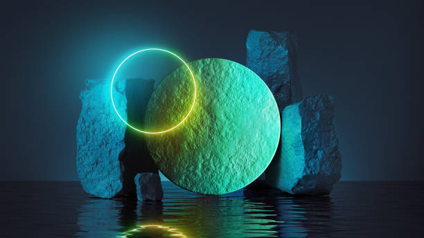 istock 3d render, abstract blue green background with neon ring, round disk, rocks, cobble stone ruins and water reflection. Futuristic showcase scene for product presentation 1403434819